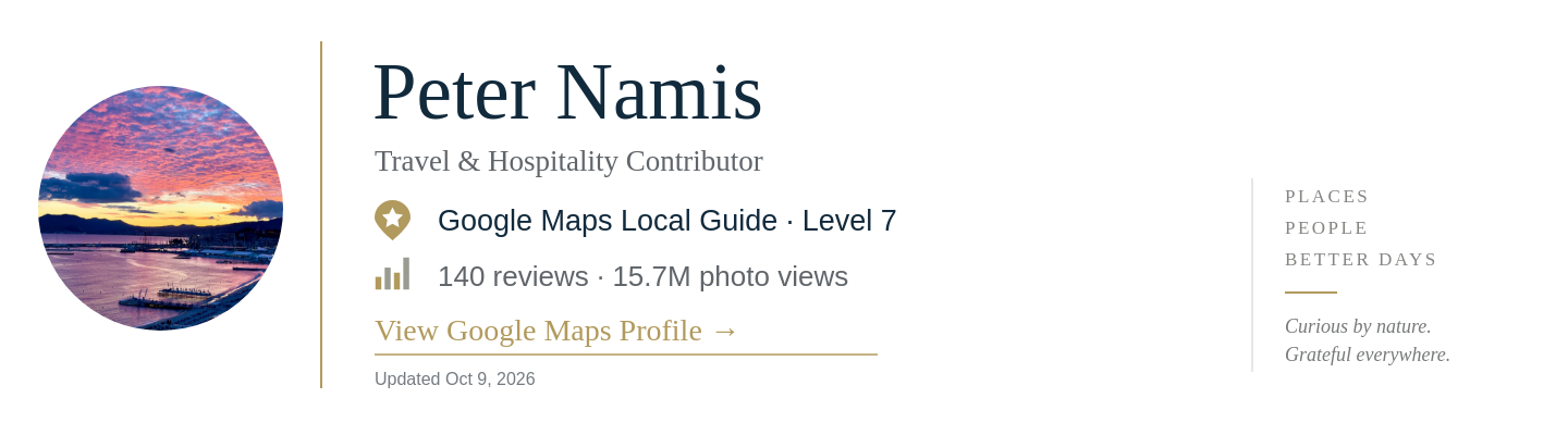 Peter Namis — Travel & Hospitality Contributor. Google Maps Local Guide. View Google Maps Profile.